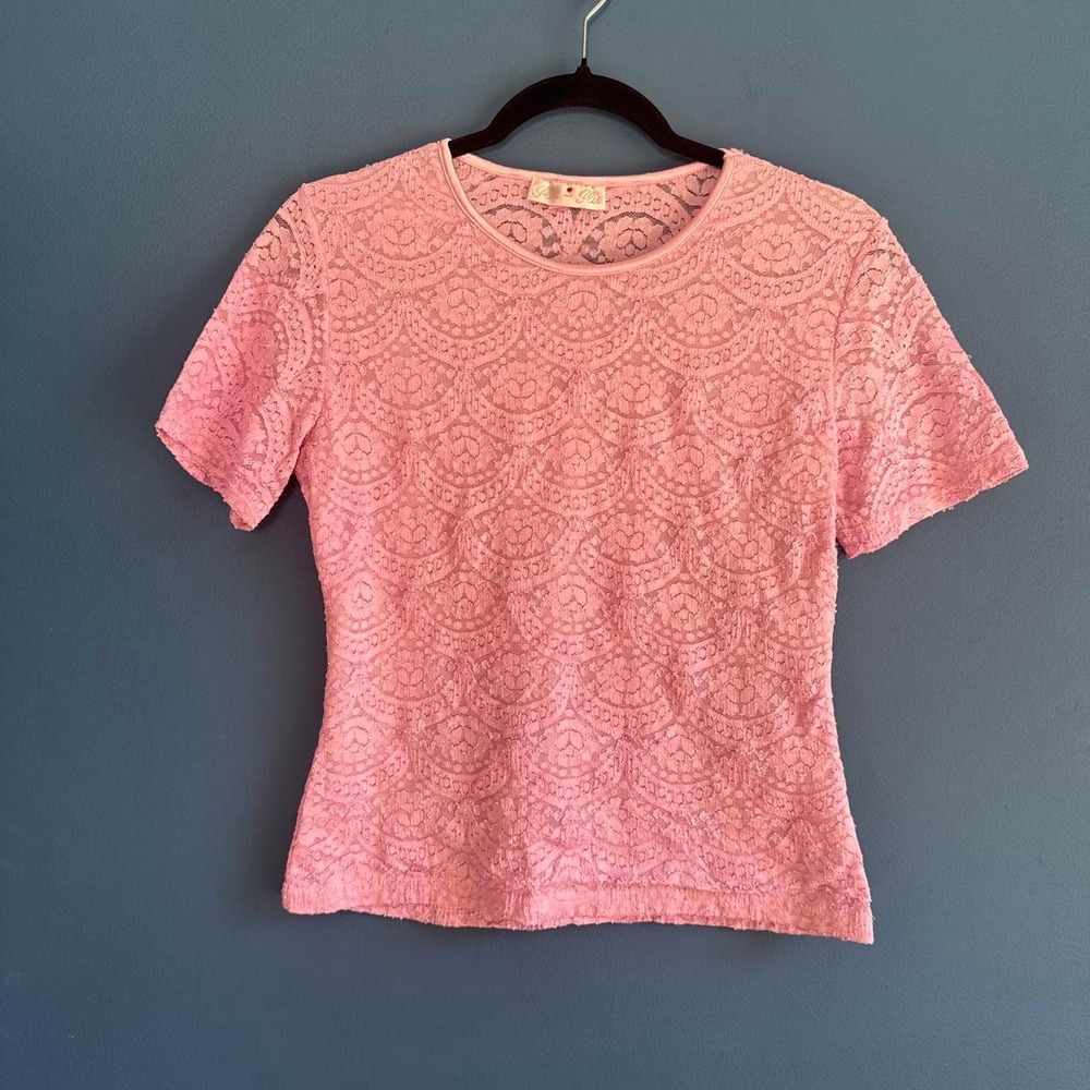 Vintage Lace Baby Tee Women's Size Small Purple Pink Sheer Nylon Going Out Club